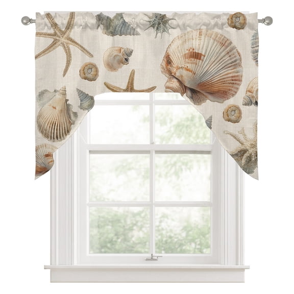 Swag Valances for Windows, Seashell Coastal Kitchen Valance Rod Pocket Window Treatment, Summer Beach Ocean Starfish Burlap Bathroom Swag Curtain Panel for Living Room, 56 x 36 inch