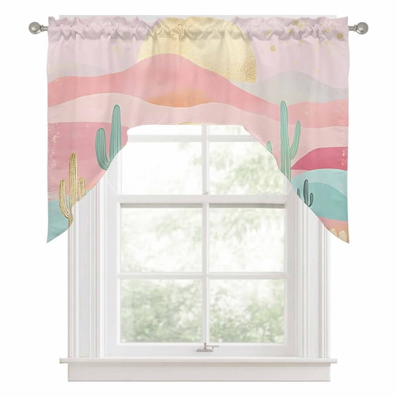 Swag Valances for Windows, South West Boho Kitchen Valance Rod Pocket Window Treatment, Abstract Pink Gold Mountains Cactus Bathroom Swag Curtain Panel for Living Room, 56 x 36 inch