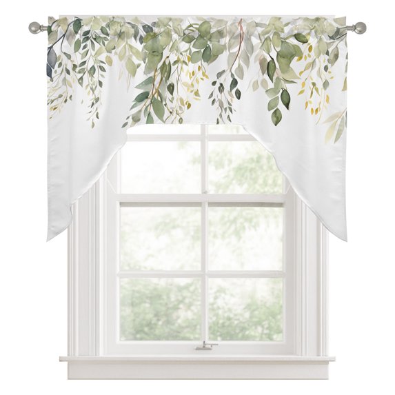 Swag Valances for Windows, Spring Botanical Kitchen Valance Rod Pocket Window Treatment, Teal Eucalyptus Leaves Watercolor Bathroom Swag Curtain Panel for Living Room, 56 x 36 inch