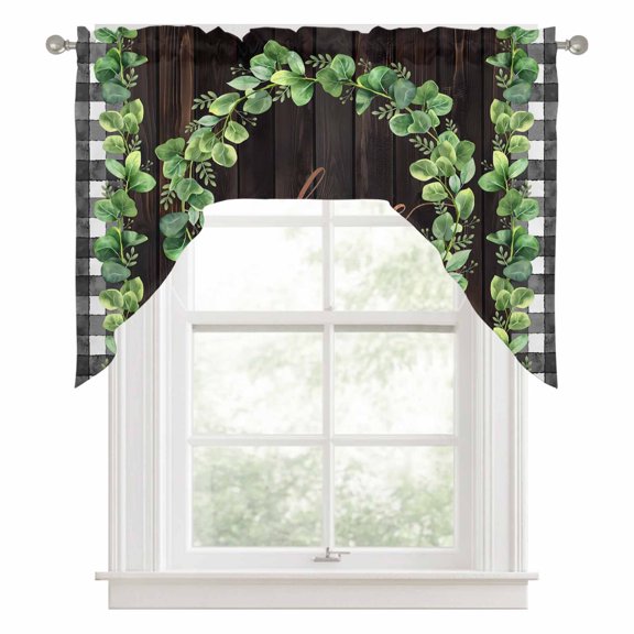 Swag Valances for Windows, Spring Eucalyptus Leaves Kitchen Valance Rod Pocket Window Treatment, Farmhouse Botanical Brown Wood Bathroom Swag Curtain Panel for Living Room, 56 x 36 inch