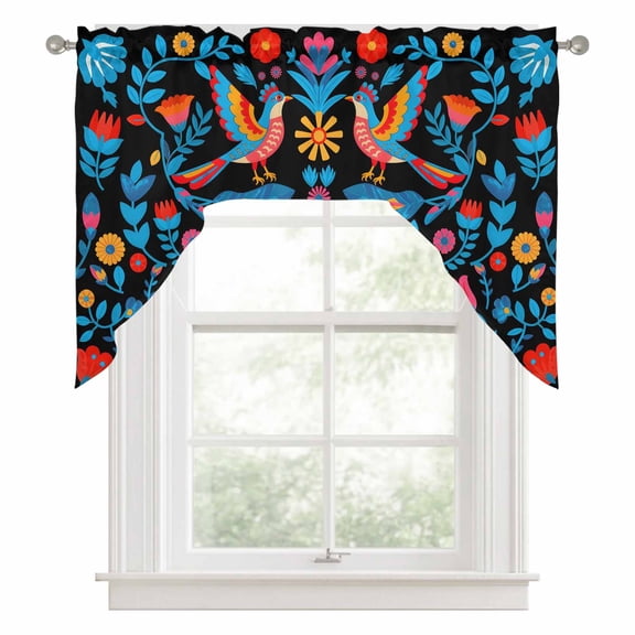 Swag Valances for Windows, Spring Floral Kitchen Valance Rod Pocket Window Treatment, Modern Abstract Art Birds Bathroom Swag Curtain Panel for Living Room, 56 x 36 inch