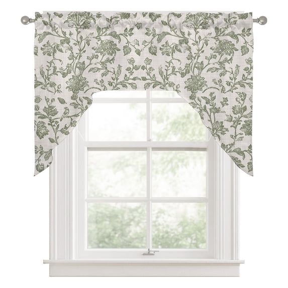 Swag Valances for Windows, Spring Flowers Kitchen Valance Rod Pocket Window Treatment, Farmhouse Sage Green Pastoral Floral Leaf Bathroom Swag Curtain Panel for Living Room, 56 x 36 inch