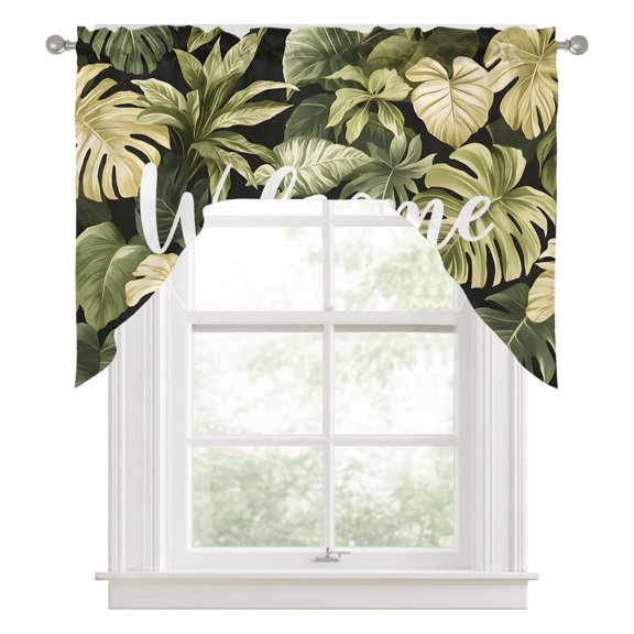 Swag Valances for Windows, Summer Green Leaf Kitchen Valance Rod Pocket Window Treatment, Botanical Watercolor Tropical Plants Bathroom Swag Curtain Panel for Living Room, 56 x 36 inch