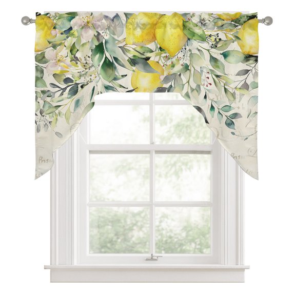 Swag Valances for Windows, Summer Lemon Kitchen Valance Rod Pocket Window Treatment, Spring Eucalyptus Leaves Botanical Vintage Bathroom Swag Curtain Panel for Living Room, 56 x 36 inch