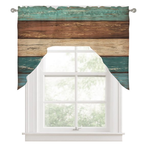 Swag Valances for Windows, Teal Turquoise Wooden Kitchen Valance Rod Pocket Window Treatment, Rustic Retro Farmhouse Western Country Bathroom Swag Curtain Panel for Living Room, 56 x 36 inch