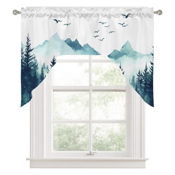 Swag Valances for Windows, Turquoise Forest Kitchen Valance Rod Pocket Window Treatment, Mountains Birds Fog Tree Scenery Bathroom Swag Curtain Panel for Living Room, 56 x 36 inch