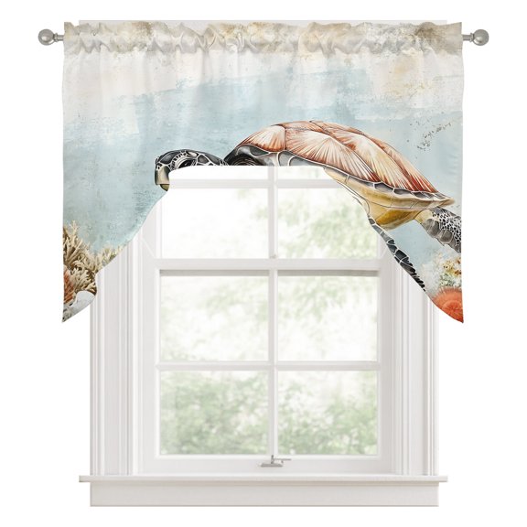 Swag Valances for Windows, Turtle Kitchen Valance Rod Pocket Window Treatment, Coastal Ocean Coral Reef Retro Shell Sea Bathroom Swag Curtain Panel for Living Room, 56 x 36 inch