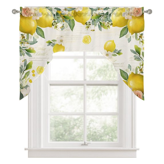 Swag Valances for Windows, Vintage Lemon Kitchen Valance Rod Pocket Window Treatment, Summer Fruit Rustic Botanical Floral Bathroom Swag Curtain Panel for Living Room, 56 x 36 inch