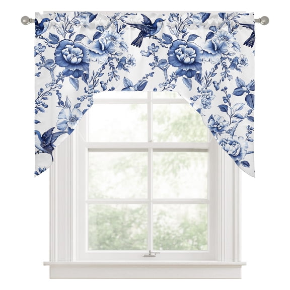 Swag Valances for Windows, White Blue Spring Floral Kitchen Valance Rod Pocket Window Treatment, Summer Botanical Hummingbird Bathroom Swag Curtain Panel for Living Room, 56 x 36 inch