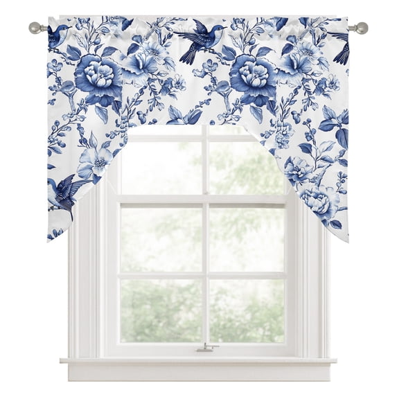 Swag Valances for Windows, White Blue Spring Floral Kitchen Valance Rod Pocket Window Treatment, Summer Botanical Hummingbird Bathroom Swag Curtain Panel for Living Room, 56 x 36 inch