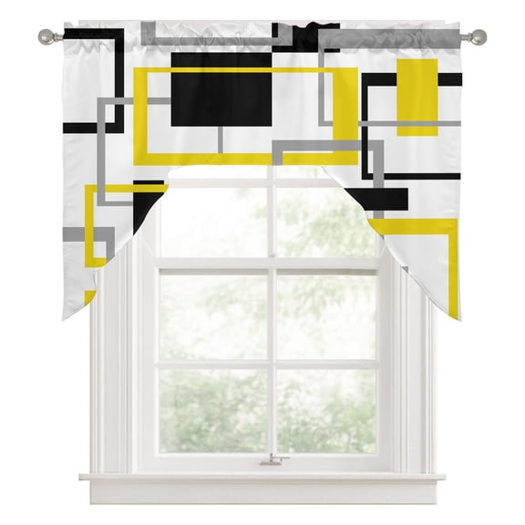 Swag Valances for Windows, Yellow Black Geometric Kitchen Valance Rod Pocket Window Treatment, Modern Simple Abstract Art Bathroom Swag Curtain Panel for Living Room, 56 x 36 inch