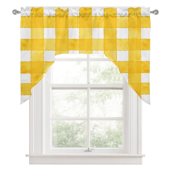 Swag Valances for Windows, Yellow Plaid Kitchen Valance Rod Pocket Window Treatment, Watercolor Grid Checker Gingham Farmhouse Bathroom Swag Curtain Panel for Living Room, 56 x 36 inch