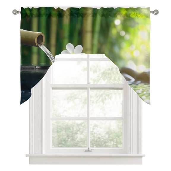 Swag Valances for Windows, Zen Stones Water Flowing Kitchen Valance Rod Pocket Window Treatment, Floral Green Forest Bathroom Swag Curtain Panel for Living Room, 56 x 36 inch
