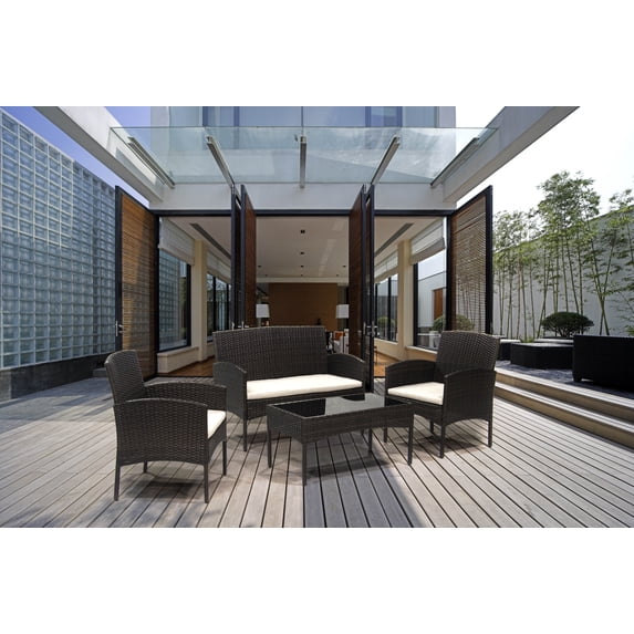 Swagon deep seating Patio Furniture 4 Pieces Conversation Sets Outdoor Wicker Rattan Chairs Garden Backyard Balcony Porch Poolside loveseat with Soft Cushion and Glass Table