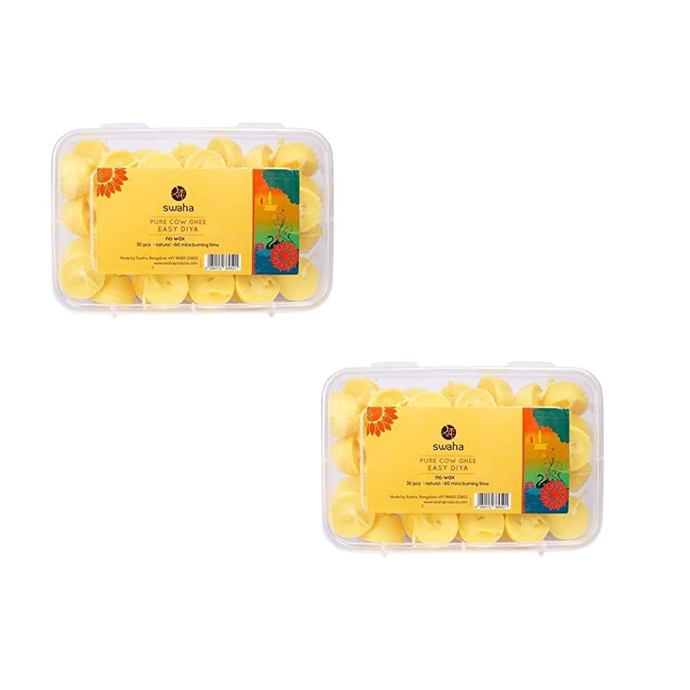 Swaha Cow Ghee Diya Wicks (30 Pieces), 60Min Burning Time, Wax Free Cow