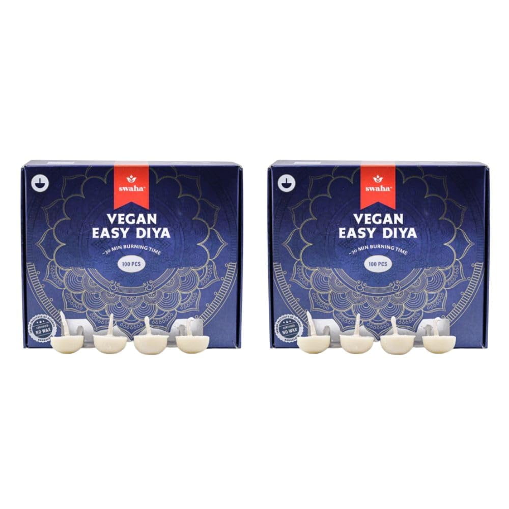 Swaha Iisc Certified Vanaspati Ghee Diya Wicks (100 Pieces) Pack Of 2, 30Min Burning Time, Wax Free Vegan Diya Batti For Puja | Daily Puja