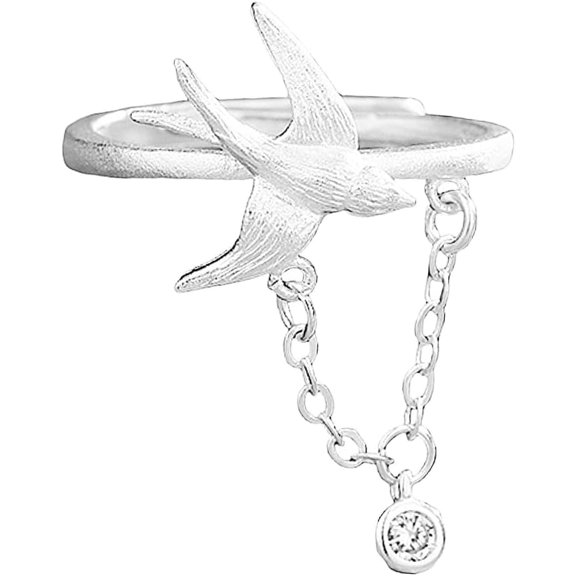 Swallow Bird Chain Wrap Matte Ring for Women Silver Plated Adjustable CZ Bezel Tassel Charms Dangle Drop Band Finger Rings Expandable Comfort Fit Fashion Animal Statement Wedding Holiday Jewelry