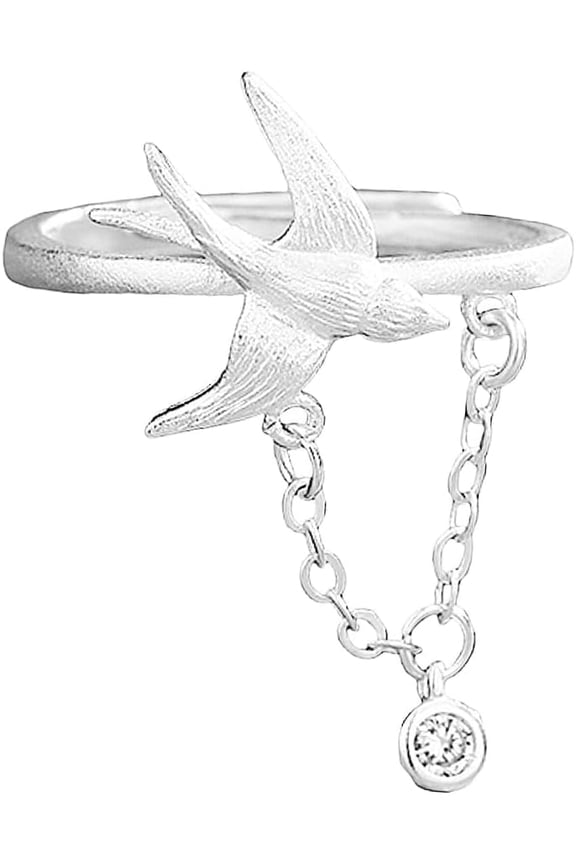 Swallow Bird Chain Wrap Matte Ring for Women Silver Plated Adjustable CZ Bezel Tassel Charms Dangle Drop Band Finger Rings Expandable Comfort Fit Fashion Animal Statement Wedding Holiday Jewelry