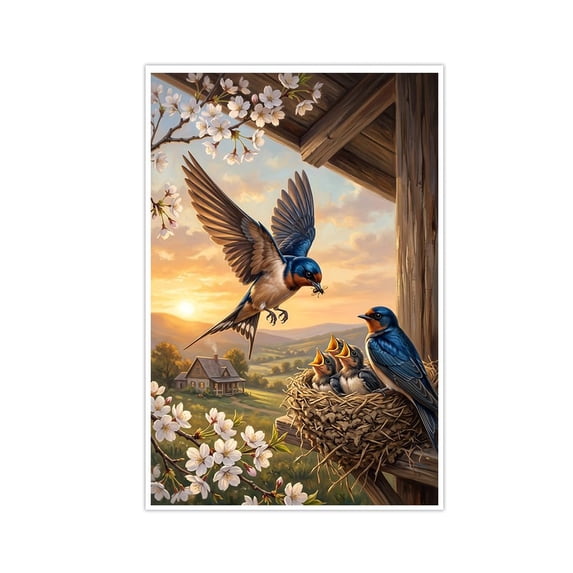 Swallow Birds Nest Canvas Wall Art Nature Spring Blossom Painting ...