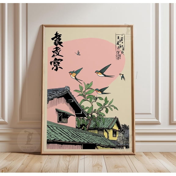 Swallow Rooftop Japanese Style Village Birds Over Houses Wall Art, Stretched Canvas