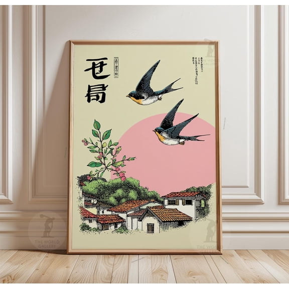 Swallow Sunset Japanese Style Village Birds Over Rooftops Wall Art, Unframed Canvas