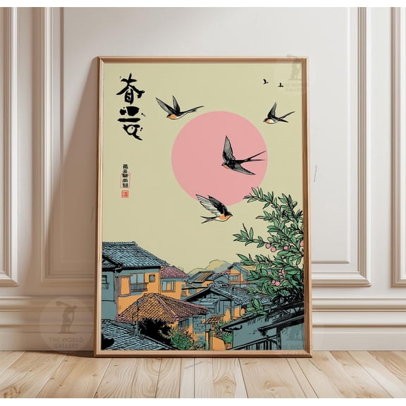 Swallow Village Japanese Style Cityscape Sunset Birds Rooftop Wall Art, Unframed Poster