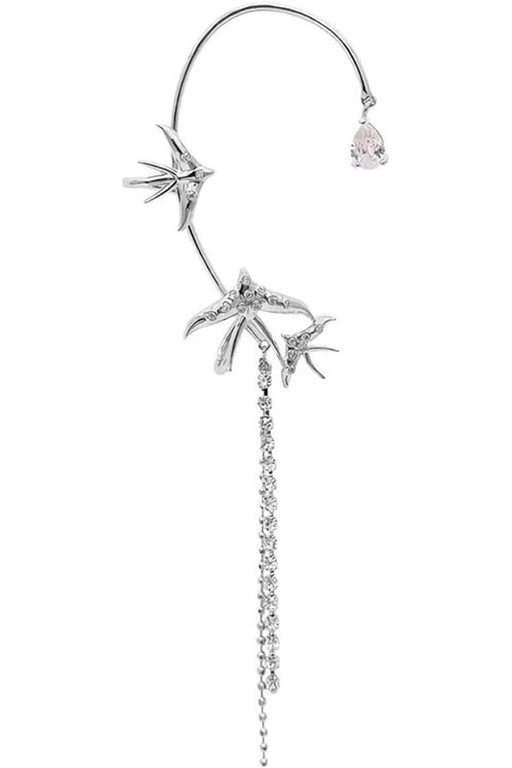 Swallow Zircon Tassel Earrings, Sparkling Swallow Earrings, Swallow Ear Cuff Wrap Crawler Earrings, Non-Piercing Tassel Hanging Chain Ear Clip Earrings for Women