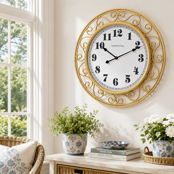 FUIN 30 inch Vintage Gold Iron Wall Clock Silent Battery Operated for Living Room Kitchen Office