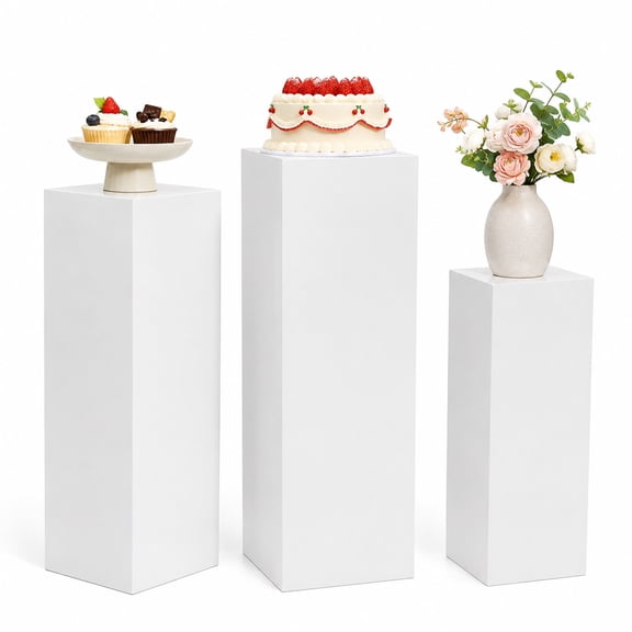 SwallowLiving 3PCS Metal White Display Pedestal Stand for Parties, Square Tall Pedestal Cake Stands Pillars for Wedding, Sculpture Display Stand Column Decoration