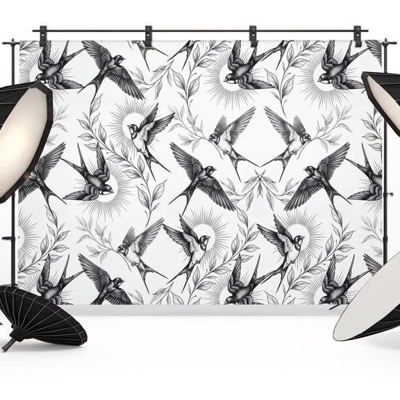 Swallows Backdrops for Photography, Animal Pattern Sun Leaf Nature Botanical Fabric Photo Background Sturdy Studio Props for Photo Studio, Video Recording, Booth & Photoshoot 7x5ft