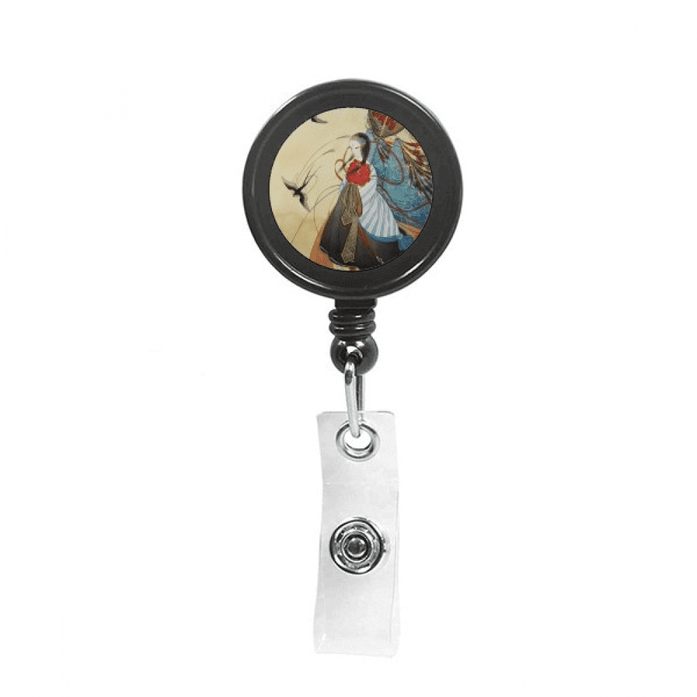 Swallows Chinese Antique Illustrator Retractable Keychain Badge Holder ID Badge