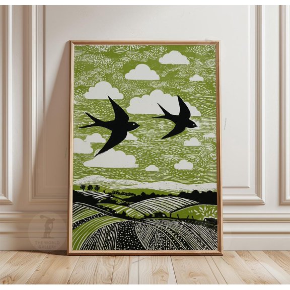 Swallows Over Rolling Fields Countryside Woodcut Landscape Art, Unframed Poster