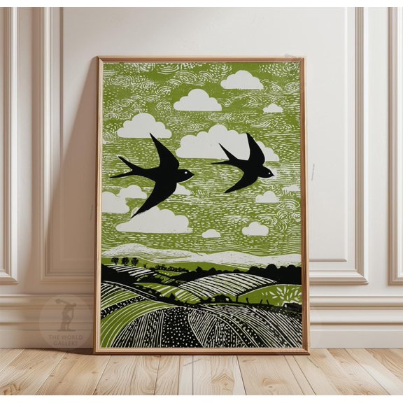 Swallows Over Rolling Fields Poster Countryside Woodcut Landscape Art Print
