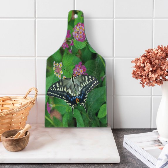 Swallowtail Butterfly Cutting Board, Rare Butterfly on Blooming Spring Flowers Ecology Nature Theme, Tempered Glass Cutting and Serving Board, Wine Bottle Shape, Green Pink Black, by Ambesonne