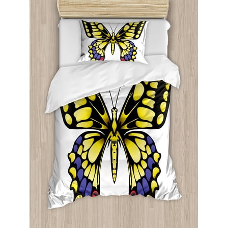 Swallowtail Butterfly Duvet Cover Set, Big Yellow Machaon Butterfly Illustration Papilio Fauna, Decorative 2 Piece Bedding Set with 1 Pillow Shams, Twin Size, Yellow Black Purple, by Ambesonne