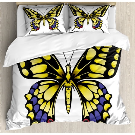 Swallowtail Butterfly Duvet Cover Set, Big Yellow Machaon Butterfly Illustration Papilio Fauna, Decorative 3 Piece Bedding Set with 2 Pillow Shams, King Size, Yellow Black Purple, by Ambesonne