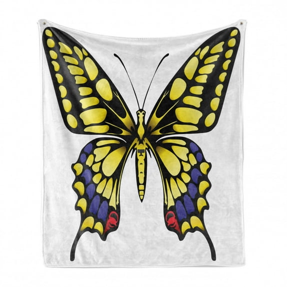 Swallowtail Butterfly Soft Flannel Fleece Throw Blanket, Big Yellow Machaon Butterfly Illustration Papilio Fauna, Cozy Plush for Indoor and Outdoor Use, 50" x 60", Yellow Black Purple, by Ambesonne