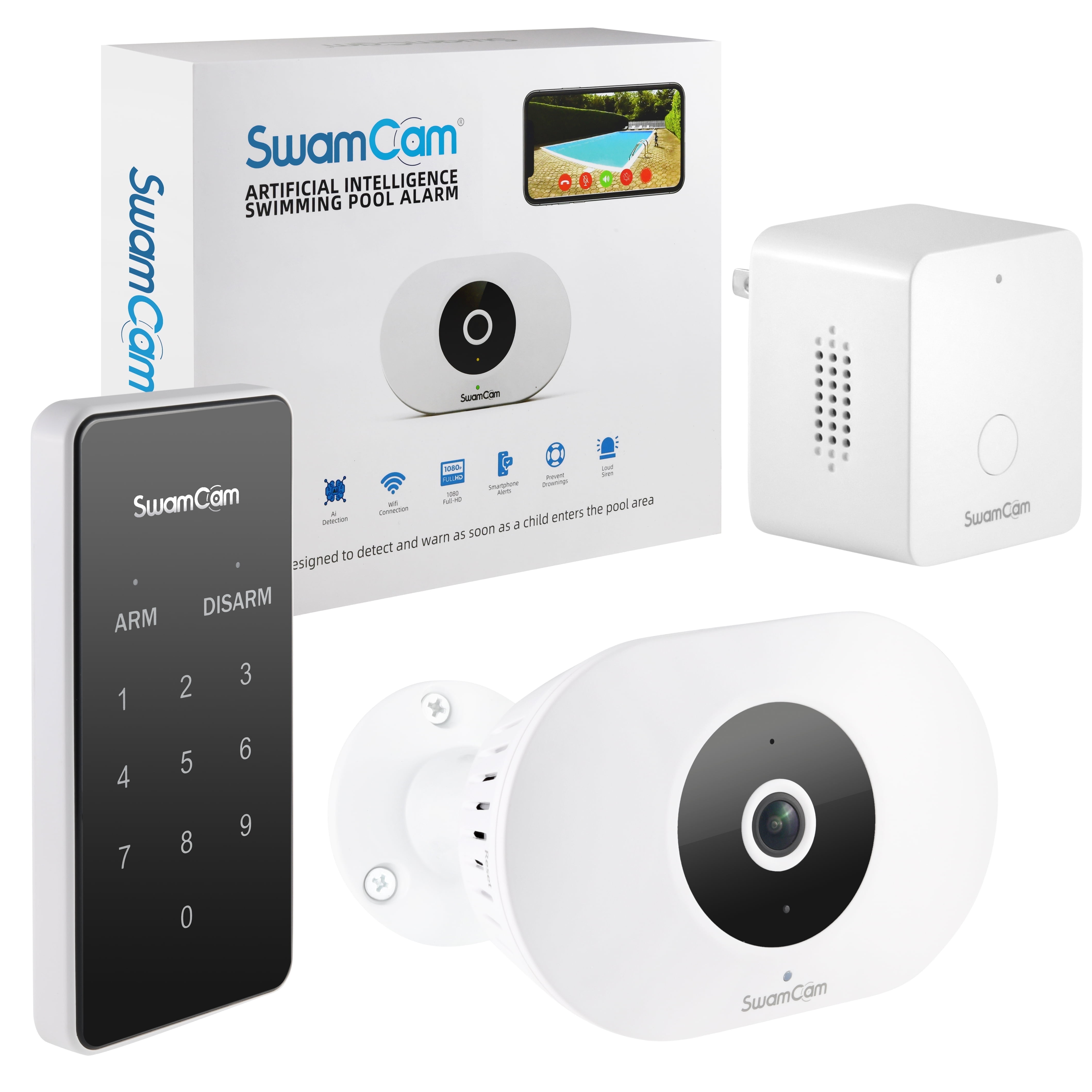 SwamCam White AI Pool Alarm Camera System with Remote Monitoring