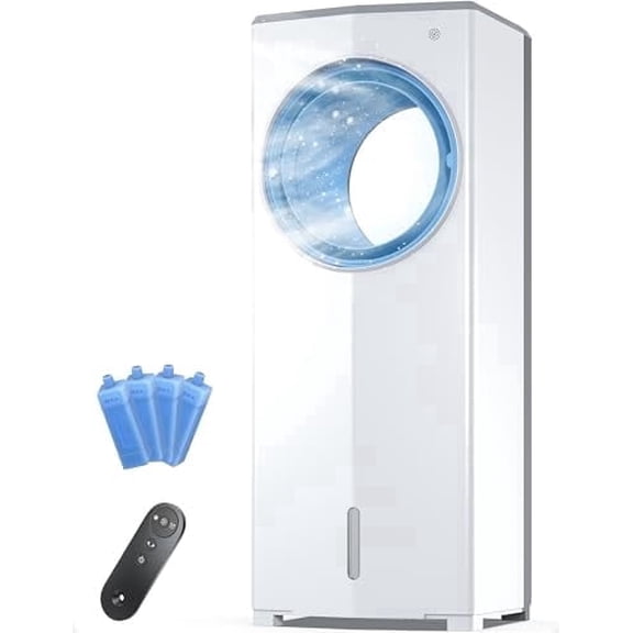 26" Portable Evaporative Cooler, 3 Speeds & 4 Modes, 7H Timer, Remote Control, 4 Ice Packs, 360° Swing for Bedroom Office (White)