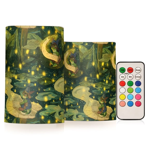 Swamp Wizard Frogs Flameless LED Candle Set with Remote, Battery Operated Color Changing Pillar Candles, Set of 2