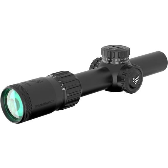 Swampfox Tomahawk II 1-4x24mm LPVO Rifle Scope, 30mm Tube, Second Focal Plane, Green Fiber Optic, Black