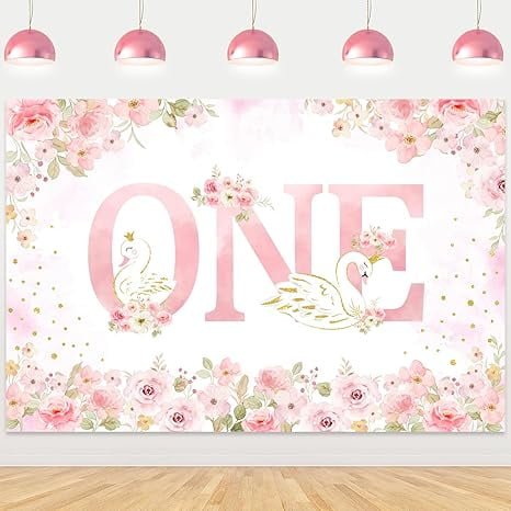 Swan 1st Birthday Backdrop Pink Floral Photography Backdrop White Swan Photography Background Colth Swan Princess Birthday Decoration for Girls 1st Birthday Party Supplies Photo Booth Props 5x3ft
