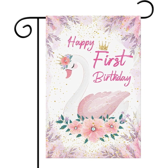 Swan 1st Birthday Garden Flag, First Birthday Party Farmhouse Yard Flag, Outdoor Indoor Lawn Decoration, 12 x 18 Inch