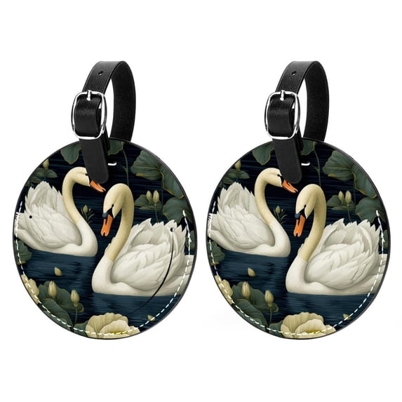Swan 2Pcs PU Leather Round Luggage Tags with Privacy Cover and Name ID Tag for Suitcase, Handbags, Backpacks, School Bags