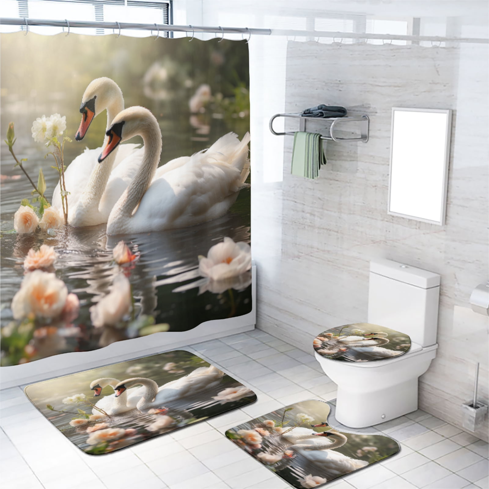 Swan 4 Pcs Shower Curtain Set Forest Lake Floral Green Tree Nature Landscape with 12 Hooks, Bath Mat Set Bathroom Decor by Durable Waterproof Fabric, 72x72 Inch