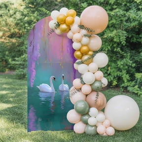 Swan Arch Backdrop Cover 4 FT, Oil Painting Spring Wisteria Gradient Pink Green Lake Wedding Arch Cover Stretchy Backdrop Stands Covers for Birthday Party Ceremony Banquet Decor
