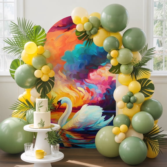 Swan Arch Backdrop Cover, 4FT, Colorful Sunset Water Waves Abstract Animals Spandex Arch Covers Double-Sided Backdrop for Wedding Birthday Party Photo Background Decoration