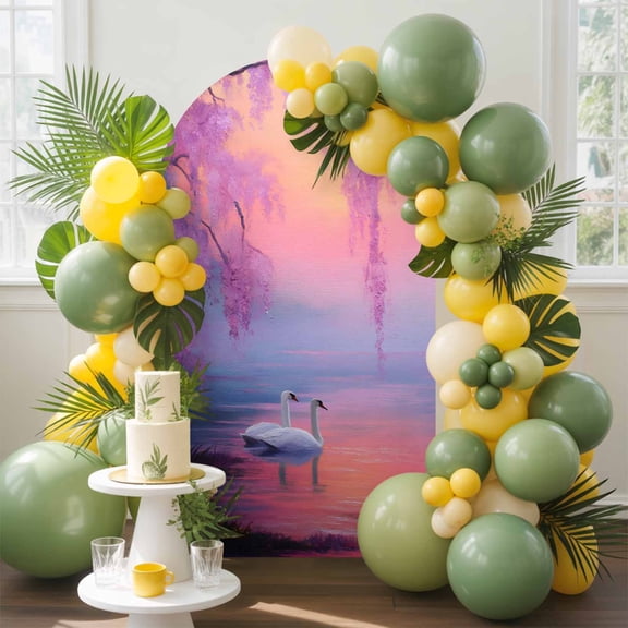 Swan Arch Backdrop Cover, 4FT, Oil Painting Spring Wisteria Gradient Pink Blue Lake Spandex Arch Covers Double-Sided Backdrop for Wedding Birthday Party Photo Background Decoration