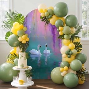 Swan Arch Backdrop Cover, 4FT, Oil Painting Spring Wisteria Gradient Pink Green Lake Spandex Arch Covers Double-Sided Backdrop for Wedding Birthday Party Photo Background Decoration