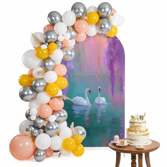 Swan Arch Backdrop Cover 4FT Oil Painting Spring Wisteria Gradient Pink Green Lake Spandex Fitted Arch Covers Stretchy Backdrop Decoration for Wedding Birthday Graduation Party